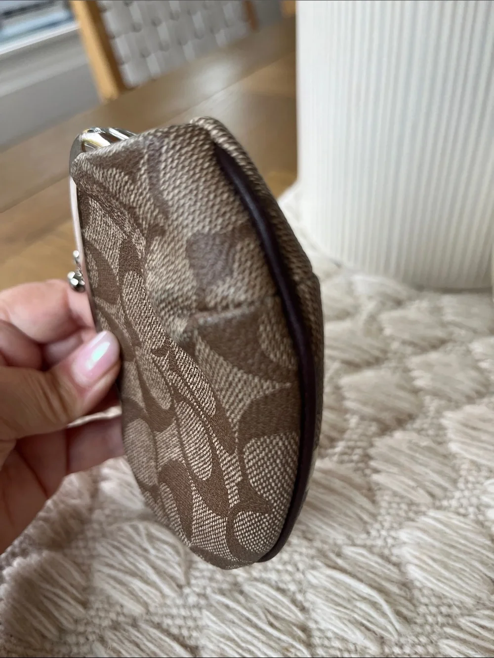 Coach Brown Signature Kiss-Lock Coin Purse with Black & White Stripe